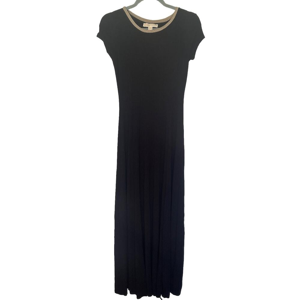 Michael Kors Black Maxi Dress XS Gold Trim Short Sleeve Slit